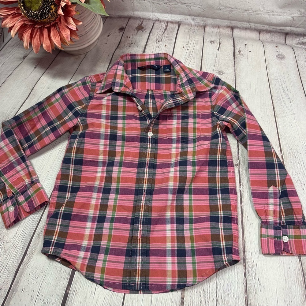 Janie and Jack Pink Green plaid cotton Button Down Shirt sz 4 preppy classic